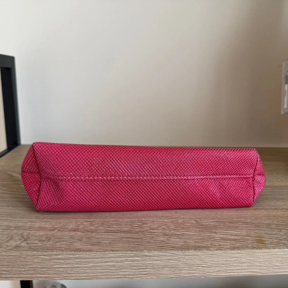 Lancome Paris Pink Textured Woven Cosmetic Makeup Bag Asymmetric Zip‎ Pouch